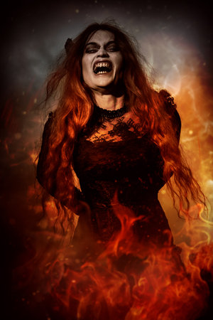 A portrait of an angry witch tied for incineration. Magic, dark force, spell.