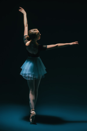 A full length portrait of an elegant refined ballet female dancer posing in the studio over the black background. Talent, fashion for ballet dancers.の写真素材
