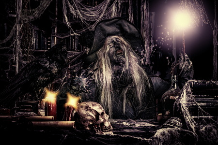 Sitting witch with black raven is holding a magic wand. Halloween concept. Horror movie.の写真素材