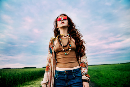 A portrait of a fashion female model against the sky in a coutryside. Contemporary bohemian style. Spirit of freedom. Fashion shot. Bohemian, bo-ho style.の写真素材