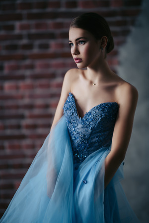 A portrait of a mysterious lady in a light blue dress posing indoor. Fairy tale, beauty, fashion.の写真素材