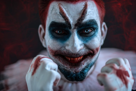 A close up portrait of a smiling clown from a horror film. Halloween, carnival.