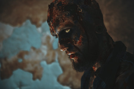 Close-up of a creepy scary zombie. Halloween. Horror film.