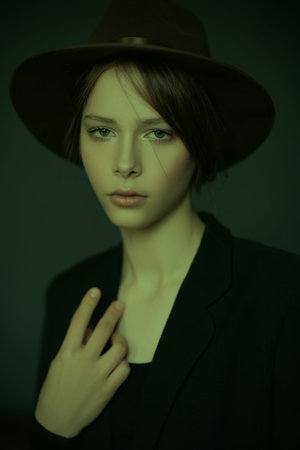 A portrait of a young dark-haired girl in a hat posing in the studio. Beauty, fashion.の写真素材