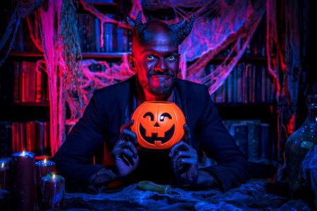 A portrait of a bad demon in his den. Horror movie, nightmare. Halloween.