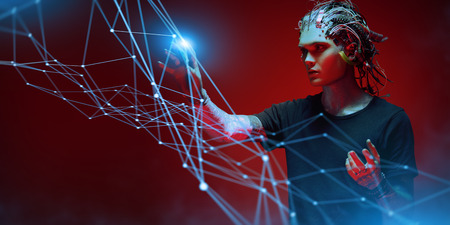 Cyborg man is surfing in cyberspace. Digital network connection. Virtual reality games.の写真素材