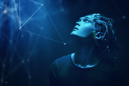 Cyborg man looks at the light with graphic hologram pouring from above. Biological human robot with...