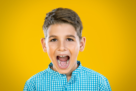A portrait of a cheerful young boy over the yellow background. Beauty, summer, fashion, emotions.の写真素材