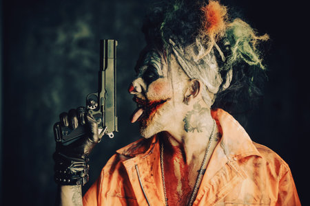 Crazy evil clown man stained in blood is holding a gun. Halloween. Horror, thriller movie.の写真素材
