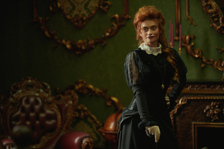 The Victorian era concept. Beautiful woman in elegant historical dress and hairstyle posing in vintage interior. Baroque. Fashion.の写真素材