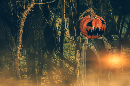 Halloween character. A terrible Jack-lantern with a pumpkin on his head wanders through the night forest.の写真素材