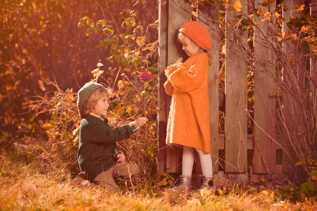 Cute little boy presents a rose to his little lady in a beautiful autumn park. Children's fashion. Retro style.の写真素材