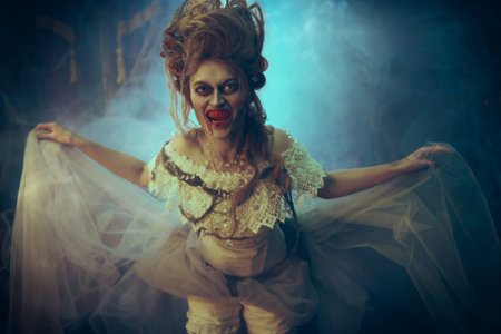 Vampires. Bloodthirsty female vampire in the old abandoned castle. Vintage style. Halloween.