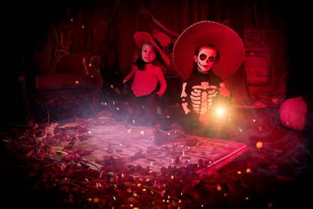 Two funny kids in witch and skeleton costumes celebrate halloween. Wooden decorations with pumpkins, spider web and spider. Halloween. Dia de los muertos. Day of The Dead.の写真素材
