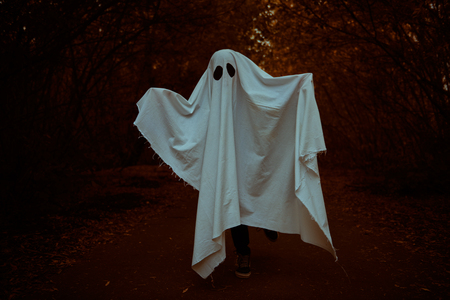 A lonely ghost of a child under a white sheet stands on a deserted road in the forest. Halloween.の写真素材