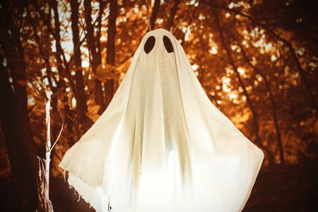 A ghost child under a white sheet with light inside in a dark forest. Halloween concept.の写真素材