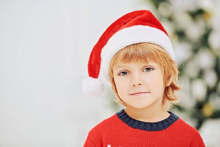 Merry Christmas and Happy New Year! Portrait of a cute happy little boy in Santa Claus hat smiling at camera. Beautiful Christmas tree in the background.の写真素材