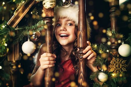 Christmas and New Year concept. Happy little girl celebrates Christmas in a house beautifully decorated with spruce garlands and New Year's toys. The atmosphere of magic.の写真素材