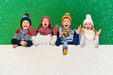 Four beautiful kids in winter clothes posing together with white board at studio. Green background. Winter fashion, winter activities. Christmas and New Year. Copy space.の写真素材