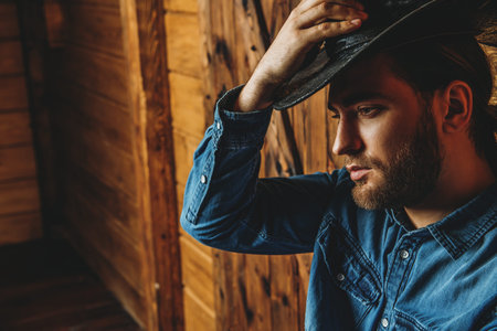 A portrait of a handsome man standing in front of the wooden house. Beauty, casual denim fashion.
