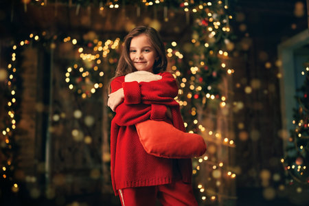 Merry Christmas and Happy New Year! Happy little girl celebrates Christmas in a house beautifully decorated with spruce garlands and New Year's toys. The atmosphere of magic, lights and sparkle is around.の写真素材