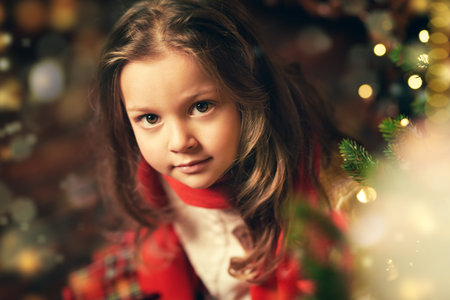 Christmas and New Year concept. Portrait of a prettty little girl  in home decorated for Christmas. Winter kid's fashion.の写真素材