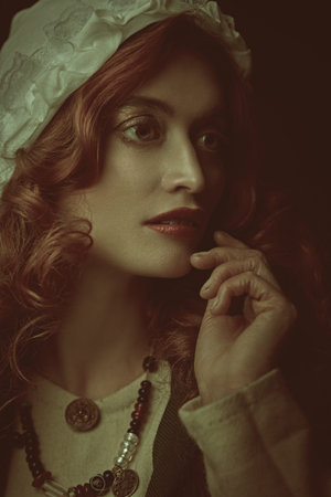 Close up portrait of a beautiful young woman with long red hair wearing medieval clothes on a dark...
