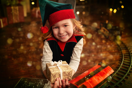 Merry Christmas and Happy New Year! Happy cute girl celebrates Christmas by a beautiful Christmas...