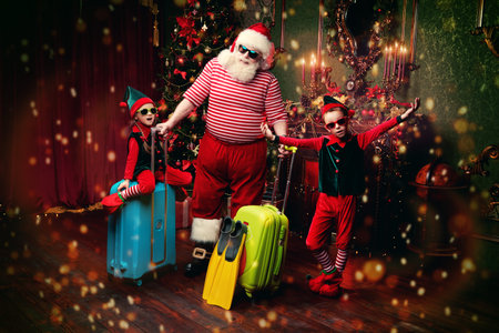 Jolly Santa Claus and his elves are preparing for Christmas journey  at home. Merry Christmas and Happy New Year!の写真素材
