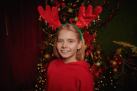 Merry Christmas and Happy New Year! Funny child girl with deer horns on her head looking at the camera and expresses doubt.の写真素材