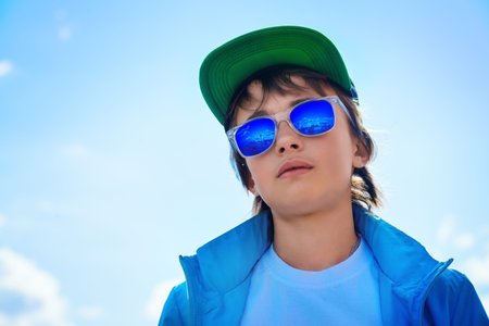 A portrait of a teenager posing baseball cap  and sunglasses outdoor. Education, knowledge.