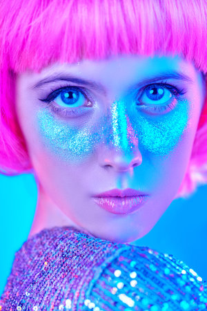 Beauty, makeup and cosmetics concept. Portrait of an attractive girl with shiny glitter freckles and...