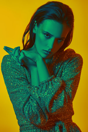 Luxurious lifestyle. Glamorous young woman with golden make-up posing in a sparkling dress in a...