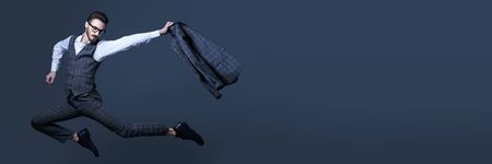 Portrait of a motivated businessman flying to victory. Business success concept. Copy space.の写真素材