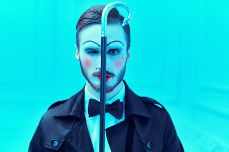 Art and fashion. Portrait of a young man with makeup in the style of the 20s in an elegant suit....
