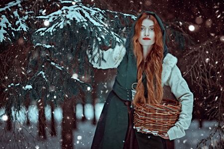 Portrait of a beautiful young woman with long red hair wearing medieval clothes walks through a winter snowy forest. Historical reconstruction of the early Middle Ages. Christmas tale.の写真素材