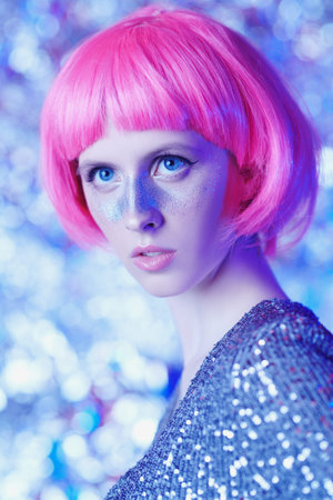 Holiday and party style. Portrait of an attractive girl with shiny glitter freckles and a bright...
