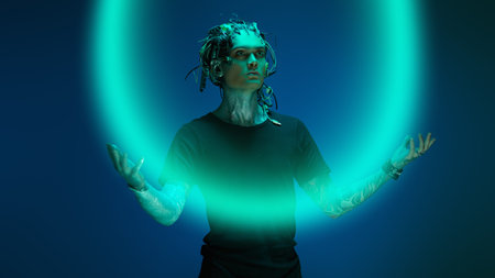 Cyborg. Biological human robot with wires implanted in the head  is holding a light beam....