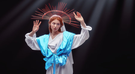 The Virgin Mary portrait on a dark background with rays of light. Modern art in religion.