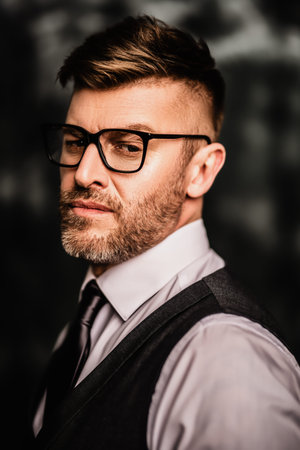 A portrait of a handsome brutal mature man posing in the studio. Casual formal fashion, men's...