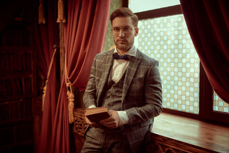 Handsome gentleman is reading a book in a vintage interior. Luxurious lifestyle. Retro and vintage...
