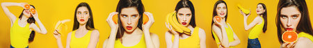 Collage of a beautiful young girl with fruit. Healthy food, Wellness.