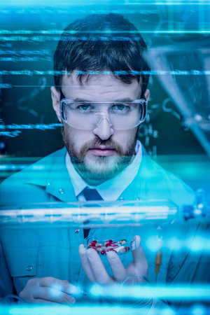 Scientist holds the tablet in the laboratory. Laboratory tests, medications. Pandemic....