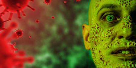 A close up portrait of a sick scientist after a failed experiment in the green light. desperation,...