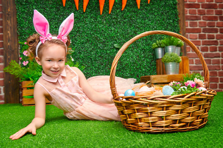 Easter holiday. Happy little girl with bunny ears is posing with a basket with flowers and colorful...