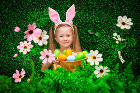 Cute smiling girl with bunny ears holds a nest with colored eggs on the background of Easter...