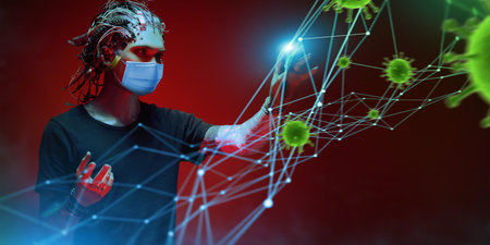 Portrait of a cyborg wearing a mask looking up over red backgroundon on molecules of virus....