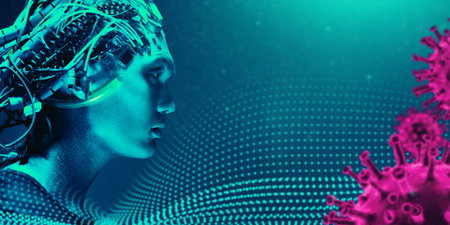 Portrait of a cyborg man looking on hologram and molecules of virus over blue light. Biological...