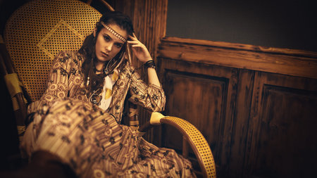 Bohemian lifestyle. Stunning young woman with hair, make-up and dress in boho style posing in a...