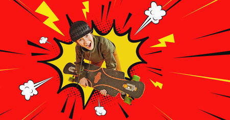 Cool teen boy rides and does tricks on a skateboard. Youth active lifestyle. Red background.